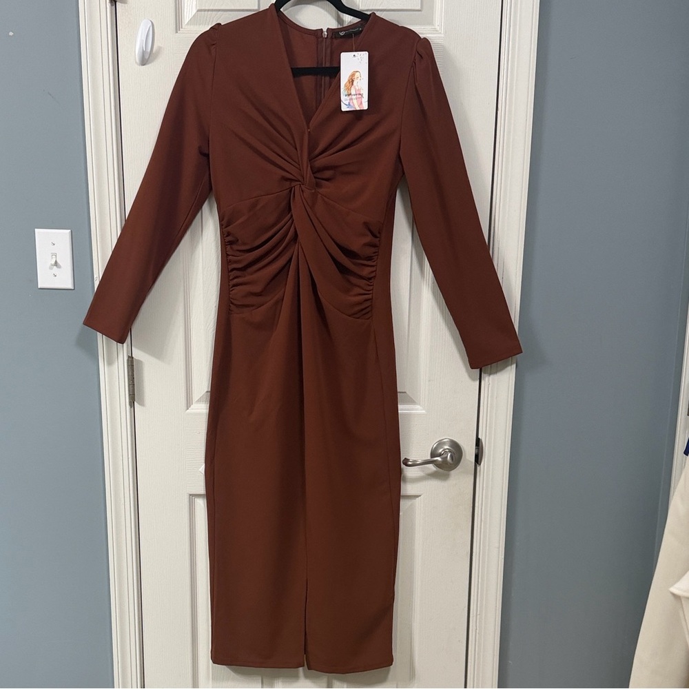 New PrettyGarden Long Sleeve Brown Dress Elegant Wear Career Office Wear Luxury